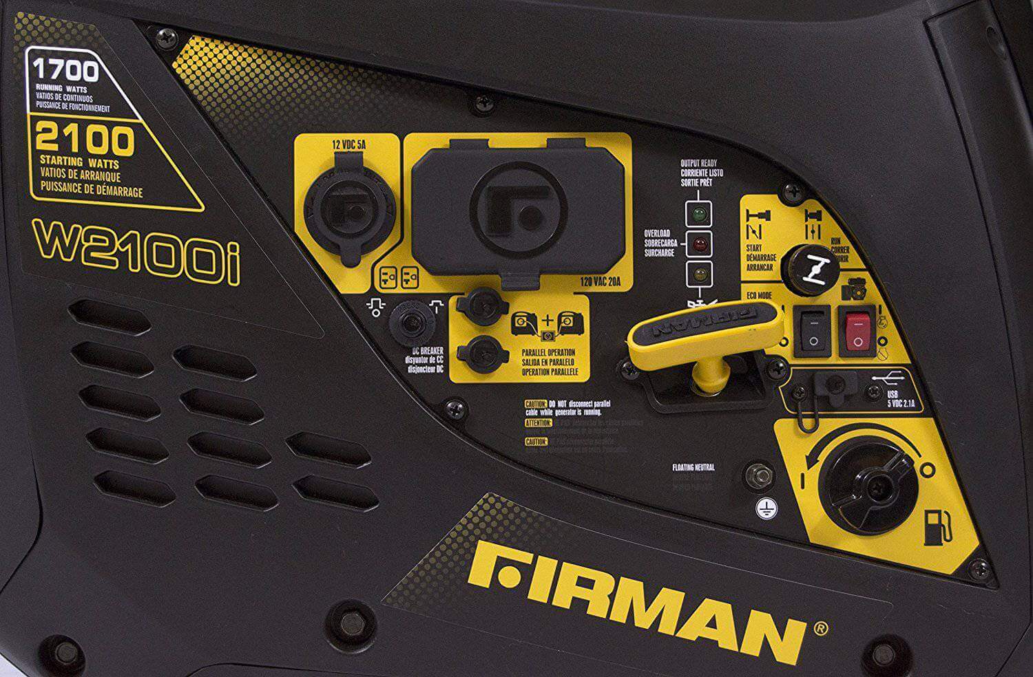 Firman W01781 Whisper Series inverter generator control panel, 2100/1700W, gas recoil start, cETL, CARB certified, Cabin Depot.