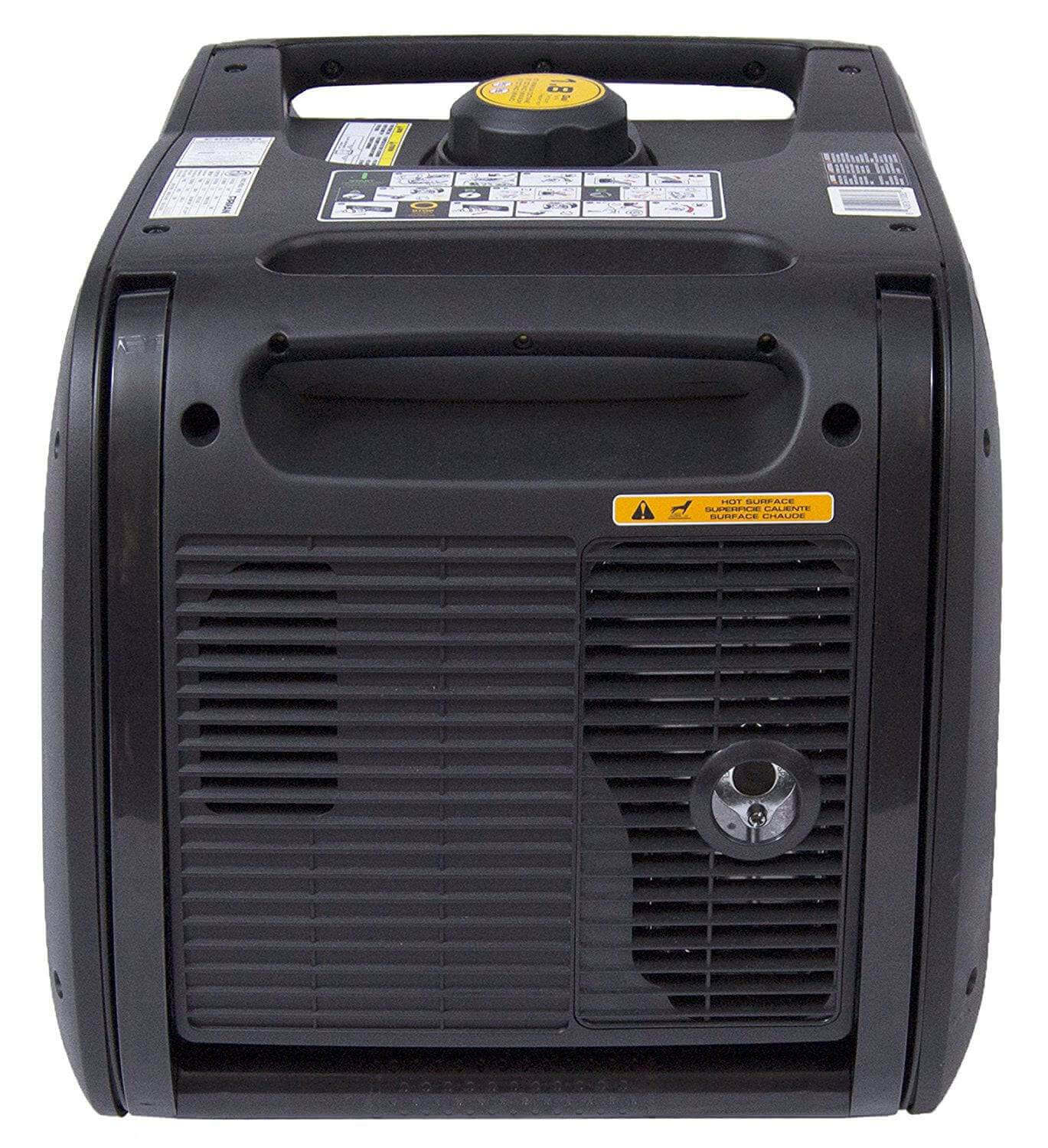 Firman 3300W Whisper Series Gas Portable Generator by Cabin Depot, view of the back with ventilation panel and handle, efficient and quiet.