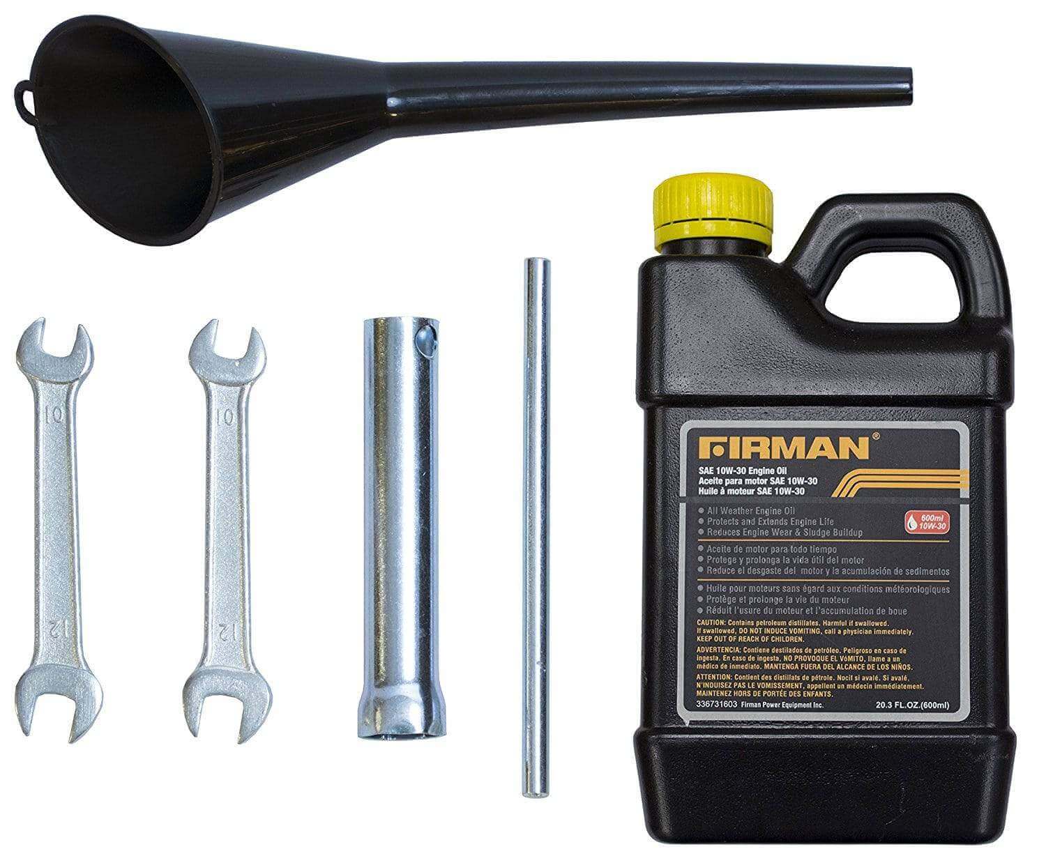 Firman generator maintenance kit with oil, funnel, wrenches, and spark plug tool for Cabin Depot.