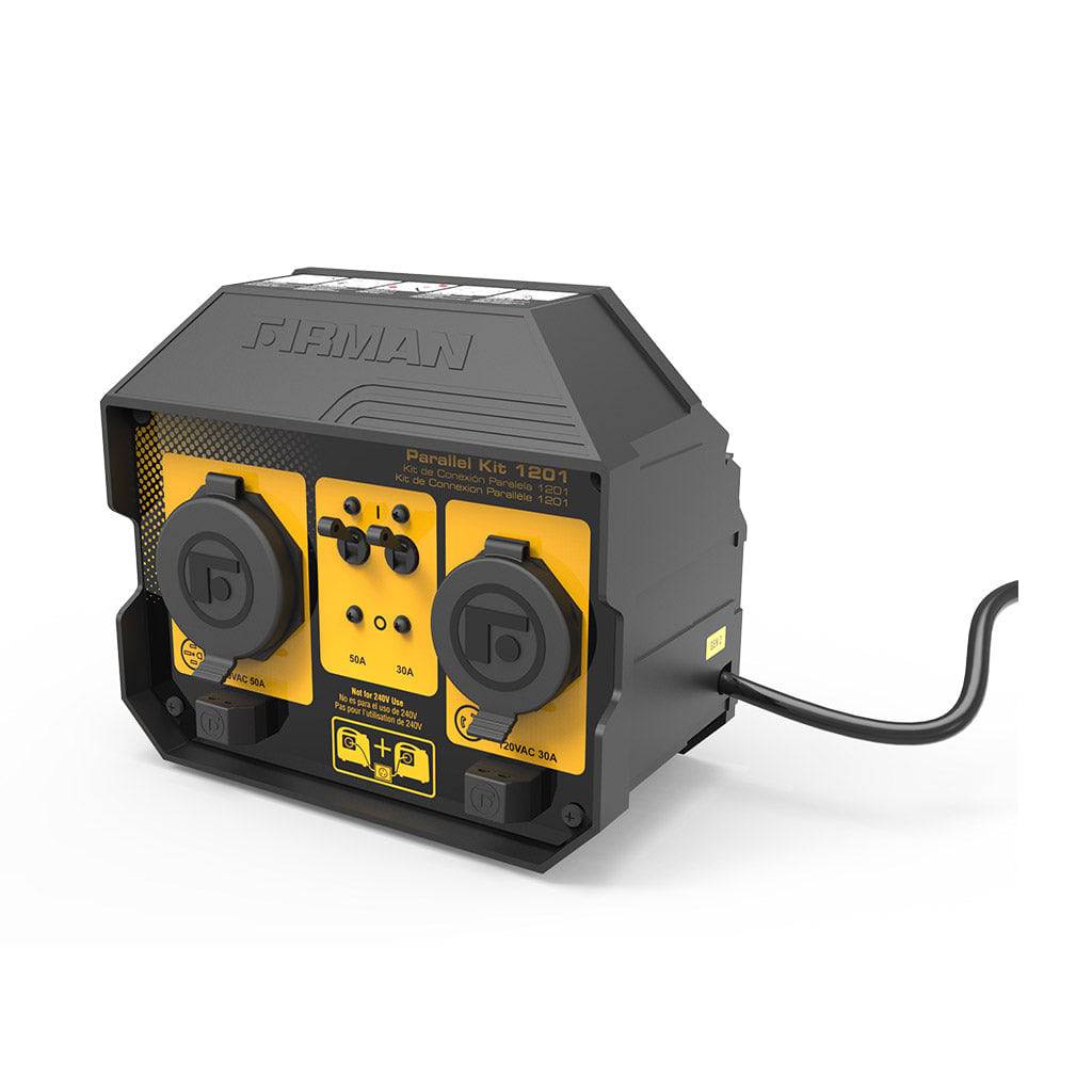 Firman 50A Parallel Kit with integrated outlet covers for connecting FIRMAN Inverter generators, available at Cabin Depot.
