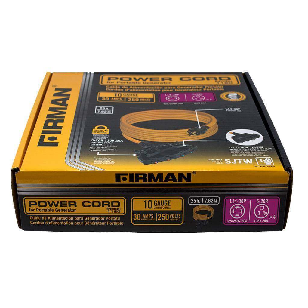 Firman 30A L14-30P to 5-20Rx4 Power Cord, 25FT, outdoor, 1120 model, for generators, Cabin Depot