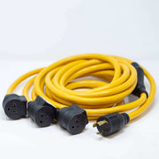 Firman 30A power cord L5-30P to 5-20RX3 yellow, 25FT, outdoor, with circuit breakers, Cabin Depot.