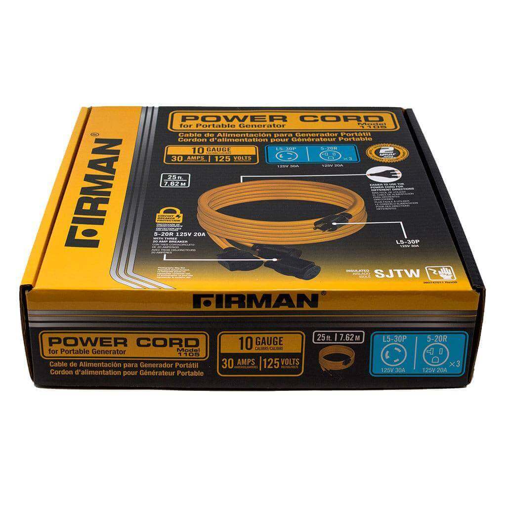Firman Power Cord 10 Gauge 30A 25FT for Cabin Depot - Outdoor Use, Gold L5-30P 125V-30A, 5-20RX3, 2-Year Warranty