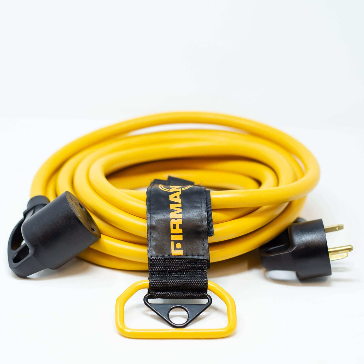 Firman TT-30P to TT-30R 25FT RV extension power cord, 30 AMP, gold color, 10 gauge wiring for outdoor use. Available at Cabin Depot.