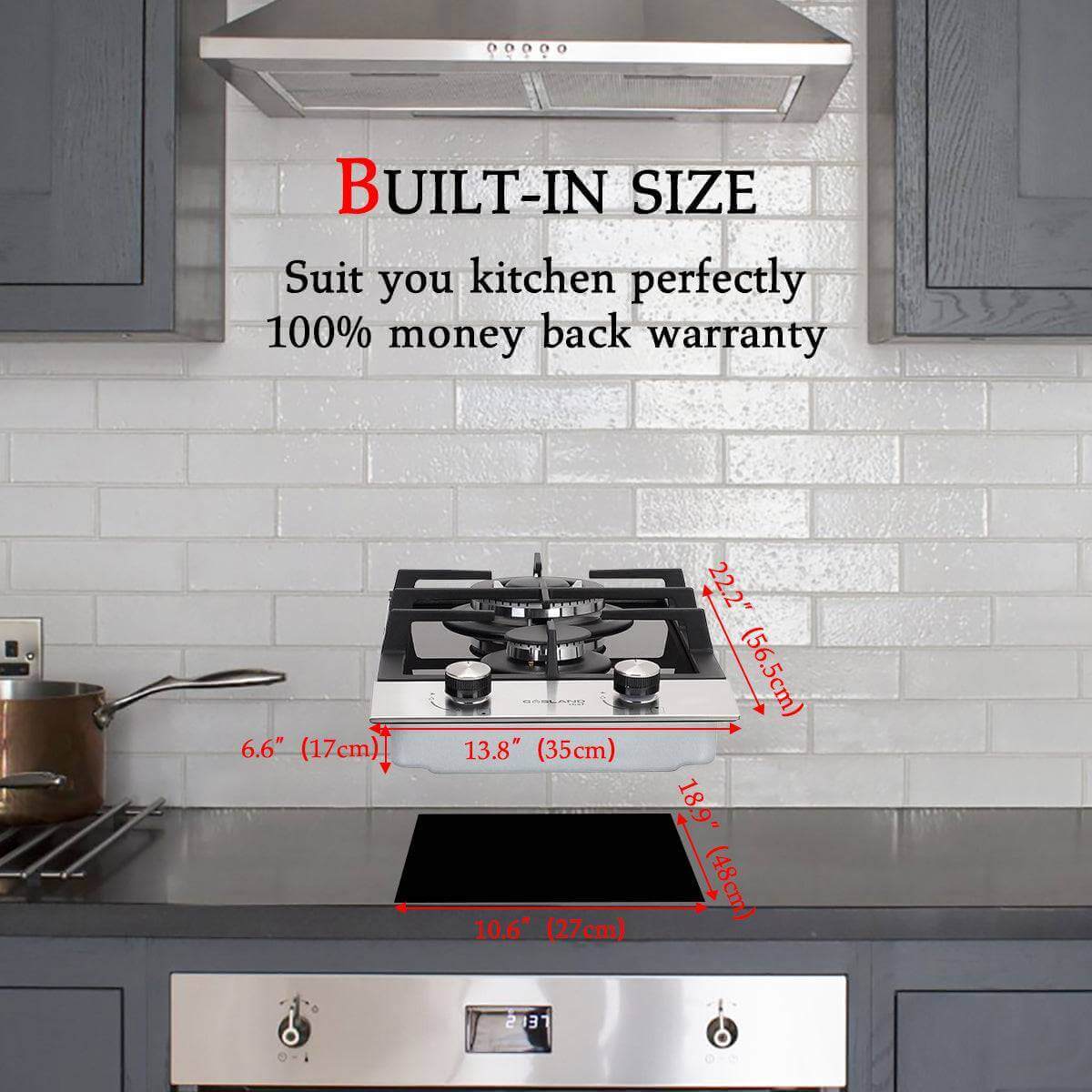 GaslandChef 12" black tempered glass cooktop installed in kitchen, highlighting built-in dimensions with conversion kit from Cabin Depot.