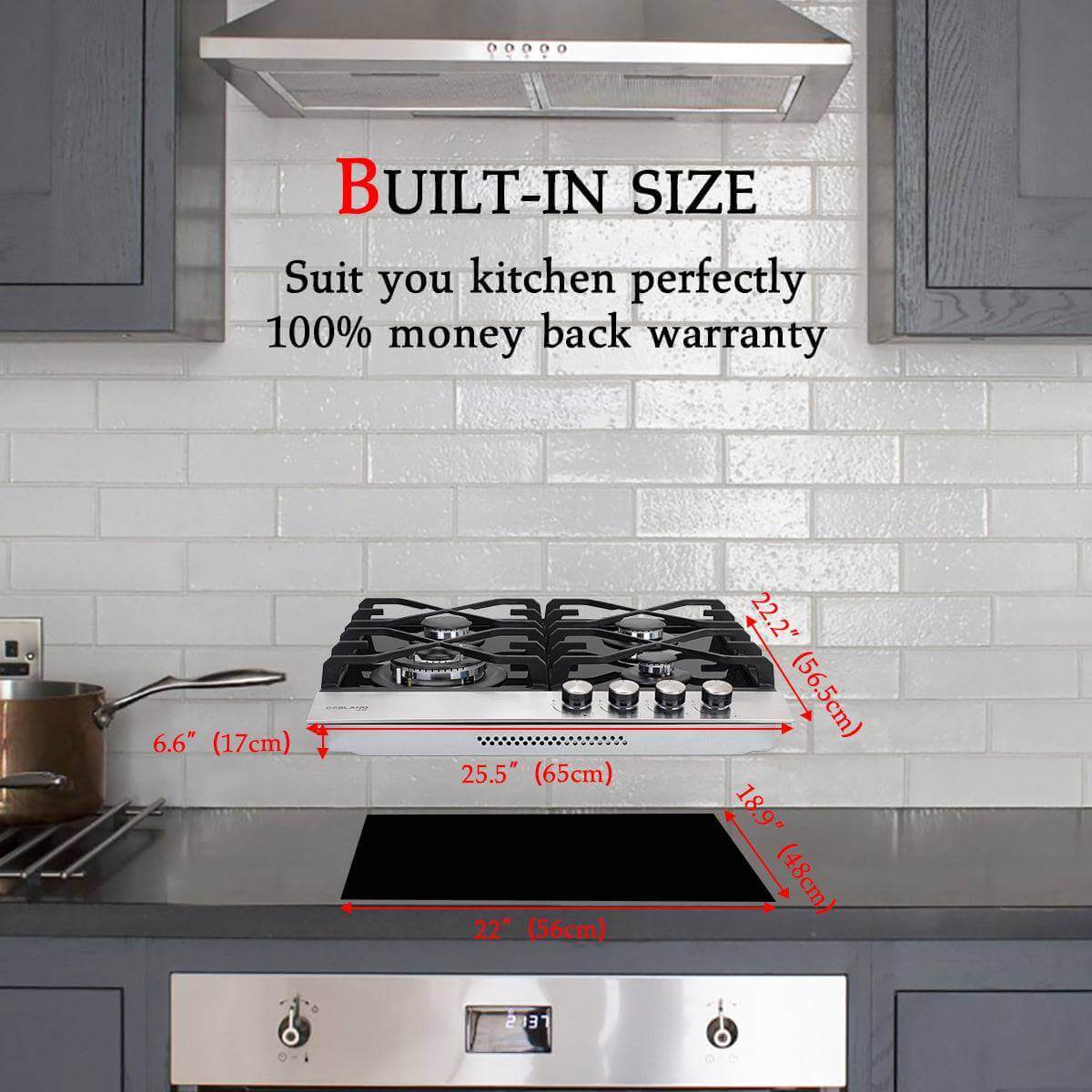 GaslandChef 24" black glass cooktop with 4 burners in kitchen setup; compatible with LPG/Natural Gas - Available at Cabin Depot