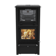 Gemini-R Wood Burning Cookstove by J.A. Roby with top oven, ideal for space-saving heating and cooking, available at Cabin Depot.