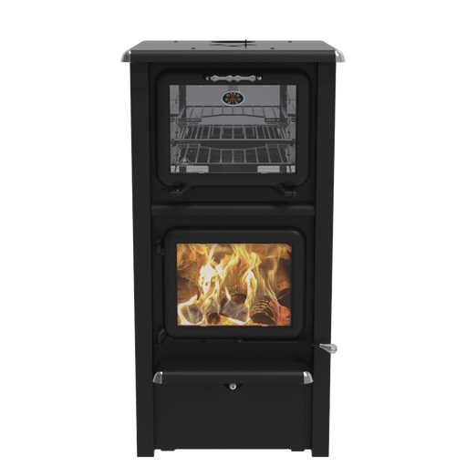Gemini-R Wood Burning Cookstove by J.A. Roby with top oven, ideal for space-saving heating and cooking, available at Cabin Depot.