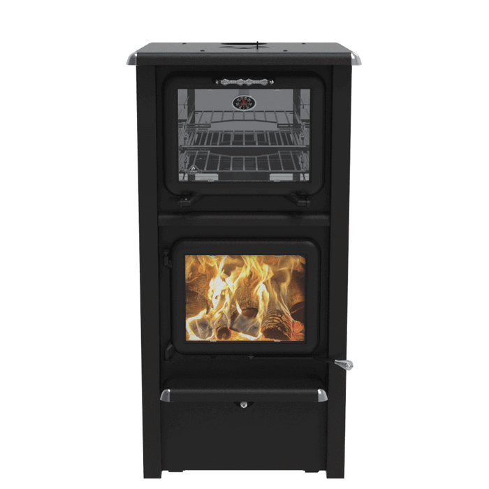Gemini-R Wood Burning Cookstove by J.A. Roby with top oven, ideal for space-saving heating and cooking, available at Cabin Depot.