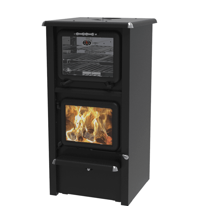 J.A. Roby Gemini-R wood burning cookstove, compact design with top oven, ideal for space-saving in cabins. Available at Cabin Depot.