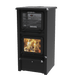 J.A. Roby Gemini-R wood burning cookstove, compact design with top oven, ideal for space-saving in cabins. Available at Cabin Depot.