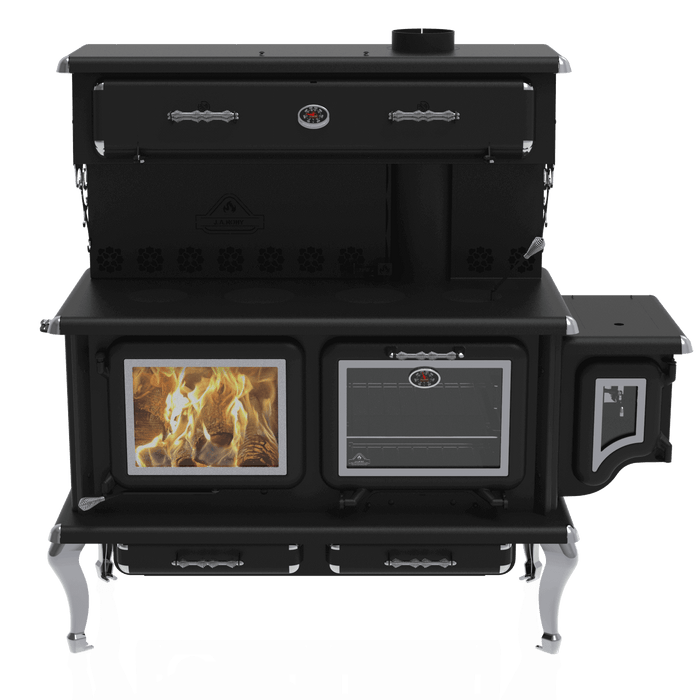 Newton LX wood burning cookstove with chromed cast iron legs, available at Cabin Depot for traditional cooking and home heating.