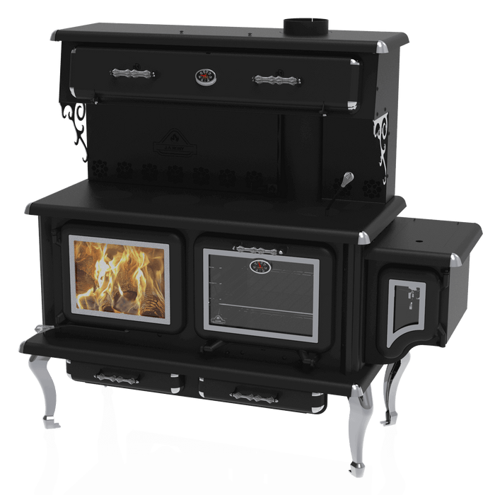 J.A. Roby Newton LX Wood Burning Cookstove from Cabin Depot, featuring chromed cast iron legs and dual cooking surfaces.