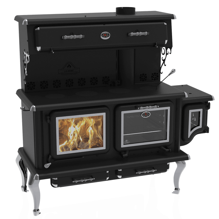 Alt Tag: J.A. Roby Newton LX Wood Burning Cookstove with chrome legs, dual cooking spaces, and heater available at Cabin Depot.