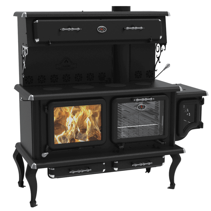 J.A. Roby Newton Wood Burning Cookstove with oven, food warmer, and water tank from Cabin Depot for efficient home heating.