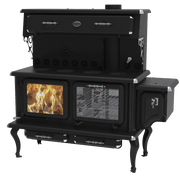 J.A. Roby Newton Wood Burning Cookstove with oven, food warmer, and water tank from Cabin Depot, ideal for heating 1000-2500 sq ft cabins.
