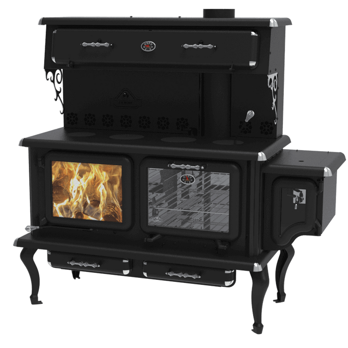 J.A. Roby Newton Wood Burning Cookstove with oven, food warmer, and water tank from Cabin Depot, ideal for heating 1000-2500 sq ft cabins.