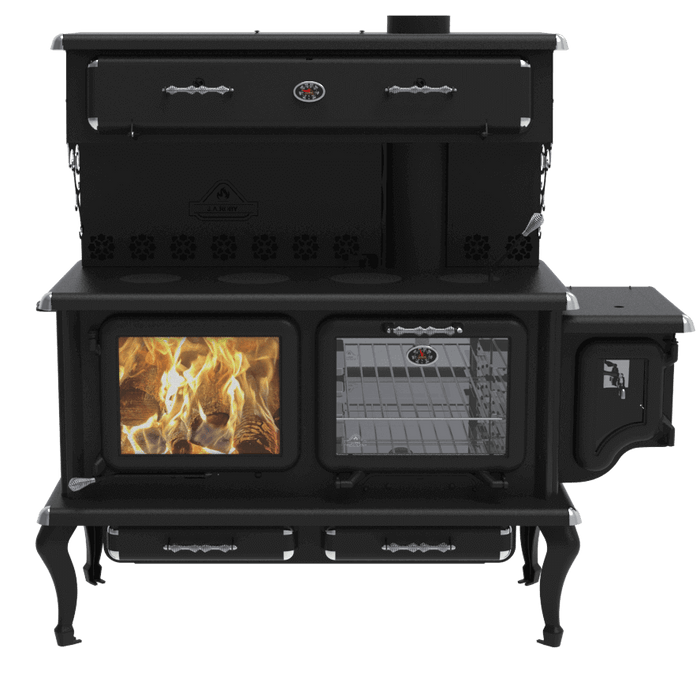 J.A. Roby Newton Wood Burning Cookstove at Cabin Depot, features oven, cooktop, water tank, heats 1000-2500 sq ft, CSA certified.