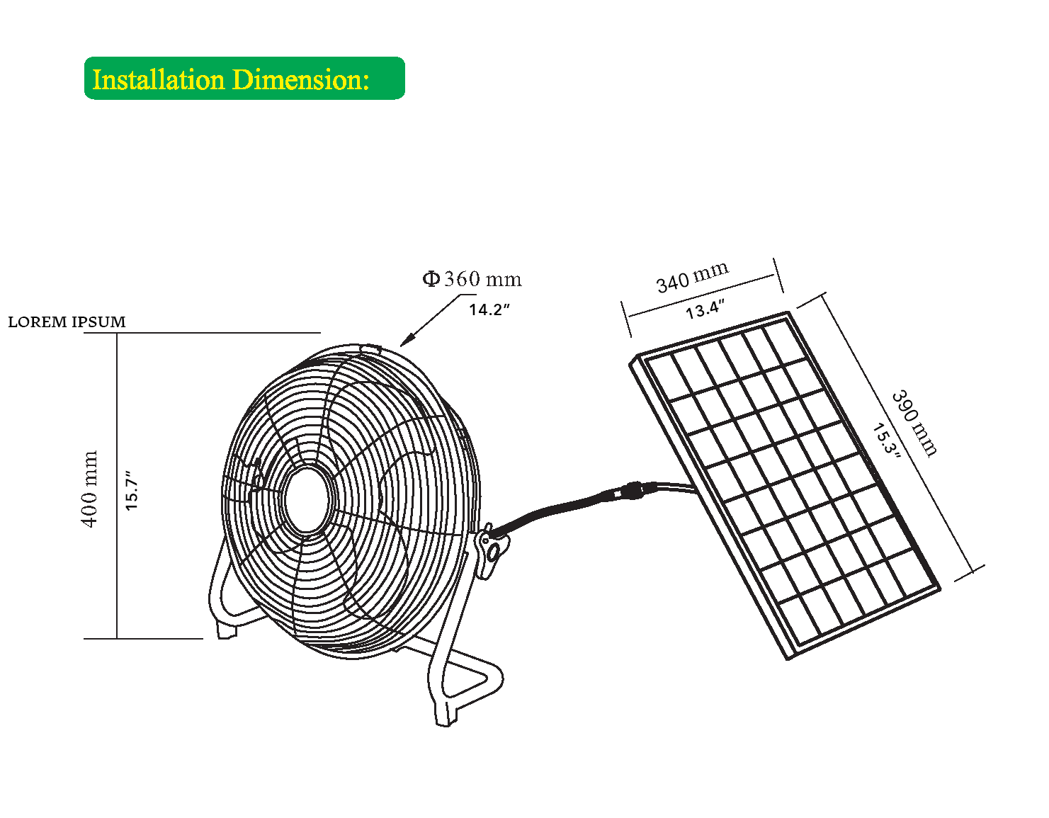 Diagram of Kedron 12" 24W Solar Powered Fan with solar panel from Cabin Depot, showing installation dimensions and connections.