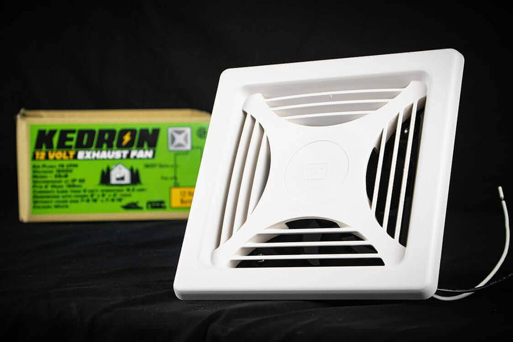 Kedron 12V DC Exhaust Fan with packaging, ideal for bathroom and RV ventilation, waterproof and CSA certified.