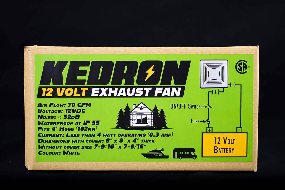 Kedron 12V DC Exhaust Fan box, waterproof and CSA certified, ideal for cabins and RVs, available at Cabin Depot.
