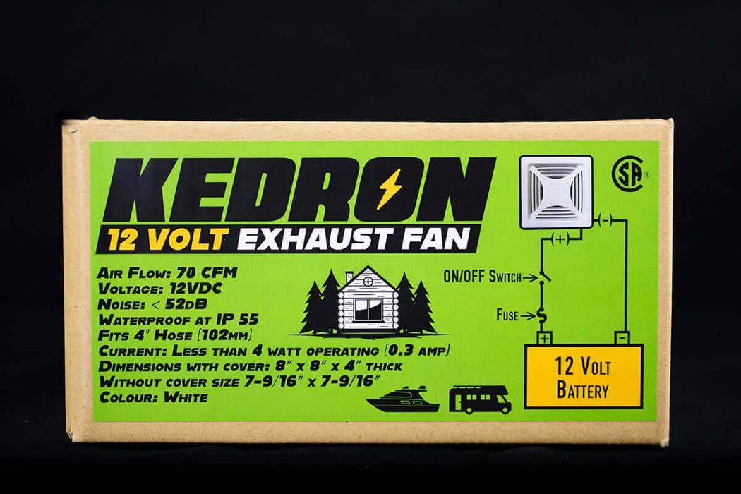 Kedron 12V DC Exhaust Fan packaging showing specifications including airflow, voltage, noise level, and waterproof rating.