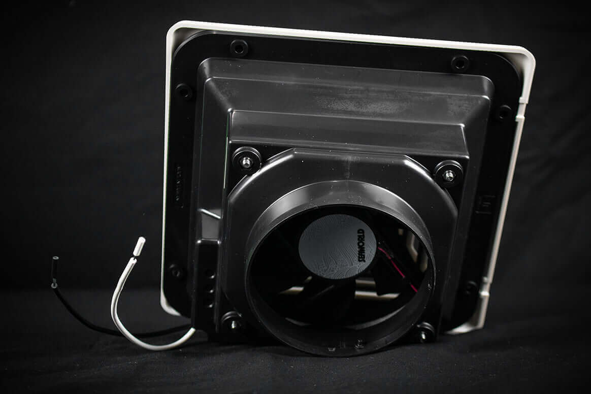 Alt Tag: Kedron 12V DC waterproof exhaust fan by Cabin Depot, ideal for RVs and off-grid applications, shown with black wiring and casing.