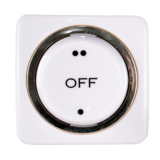 Close-up of a round, white light switch with "OFF" text and black dots within a square frame.