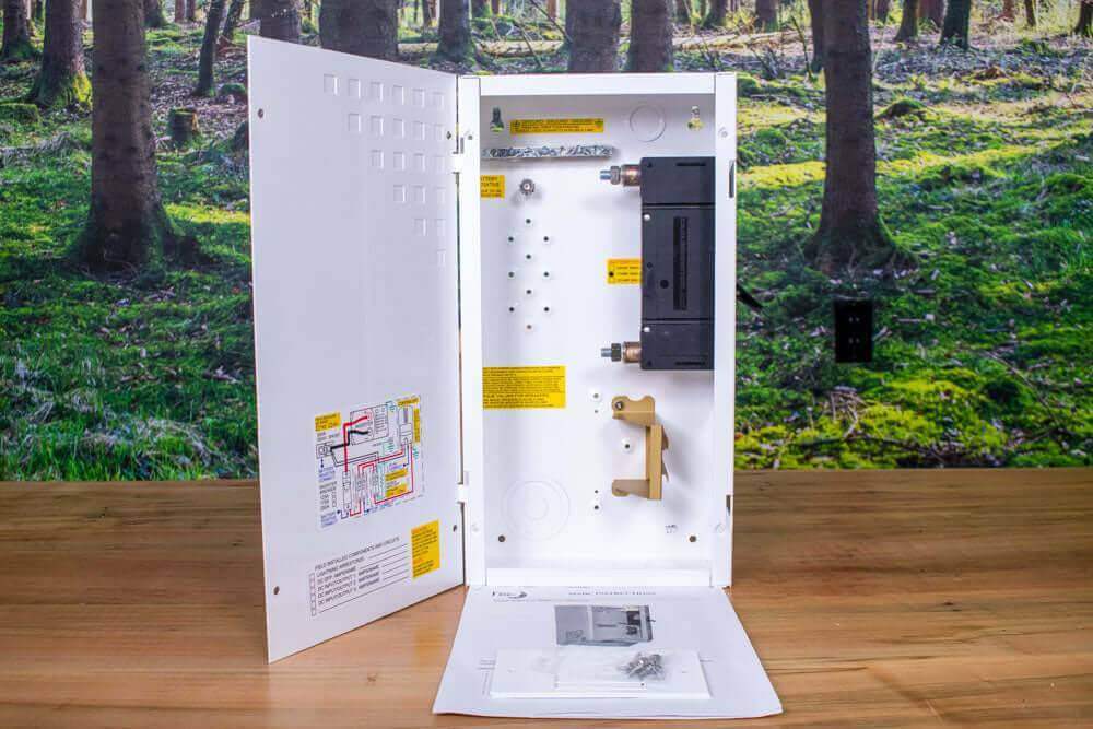MidNite 250A Mini DC Disconnect with white powder coated aluminum body, featuring multiple breaker slots, available at Cabin Depot.