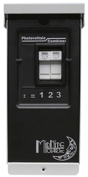 MidNite MNPV3 PV Combiner Box for 100-150 VDC charge controllers, by Cabin Depot, features gray aluminum rainproof enclosure.