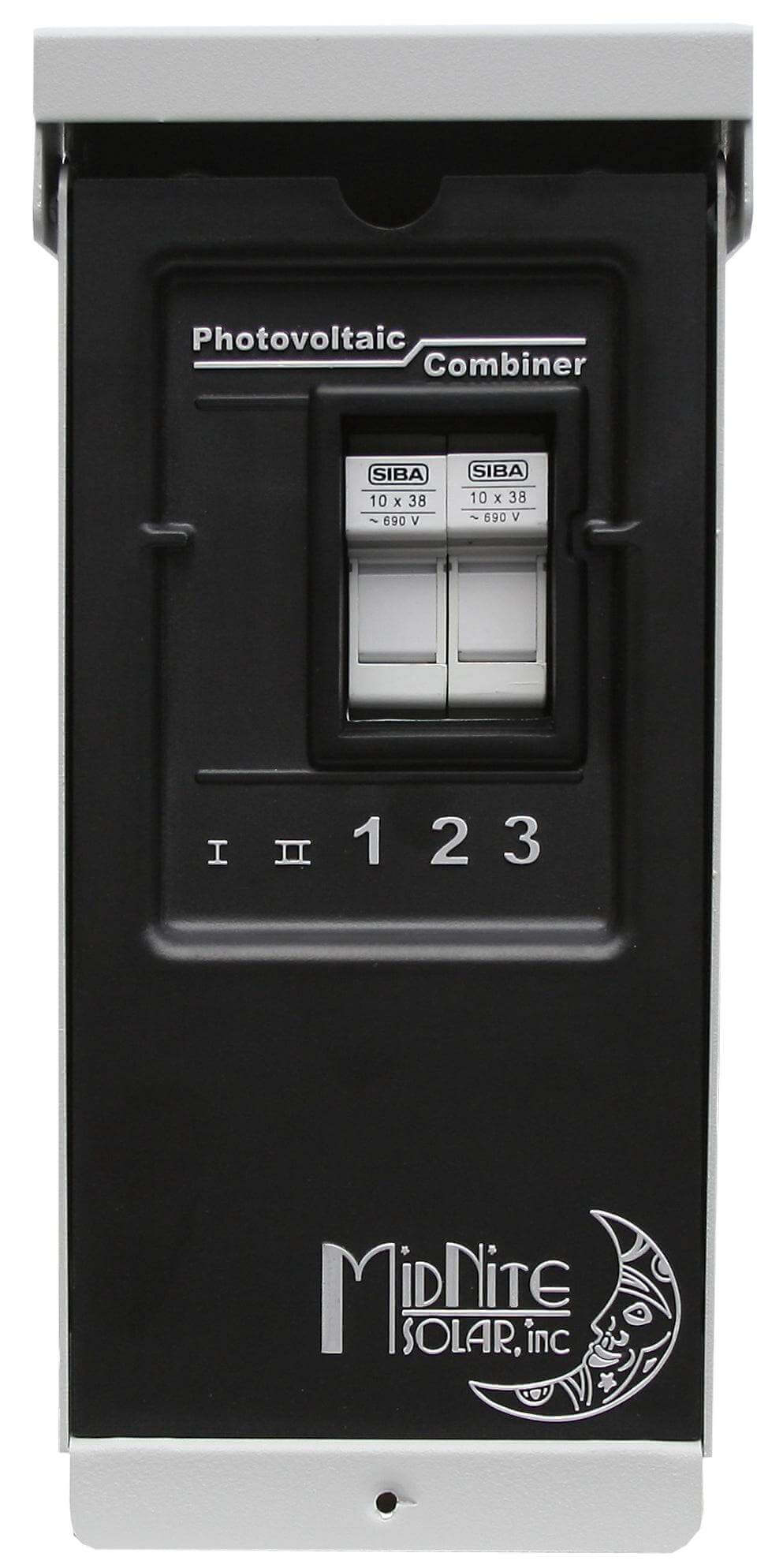 MidNite MNPV3 PV Combiner Box for 100-150 VDC charge controllers, by Cabin Depot, features gray aluminum rainproof enclosure.