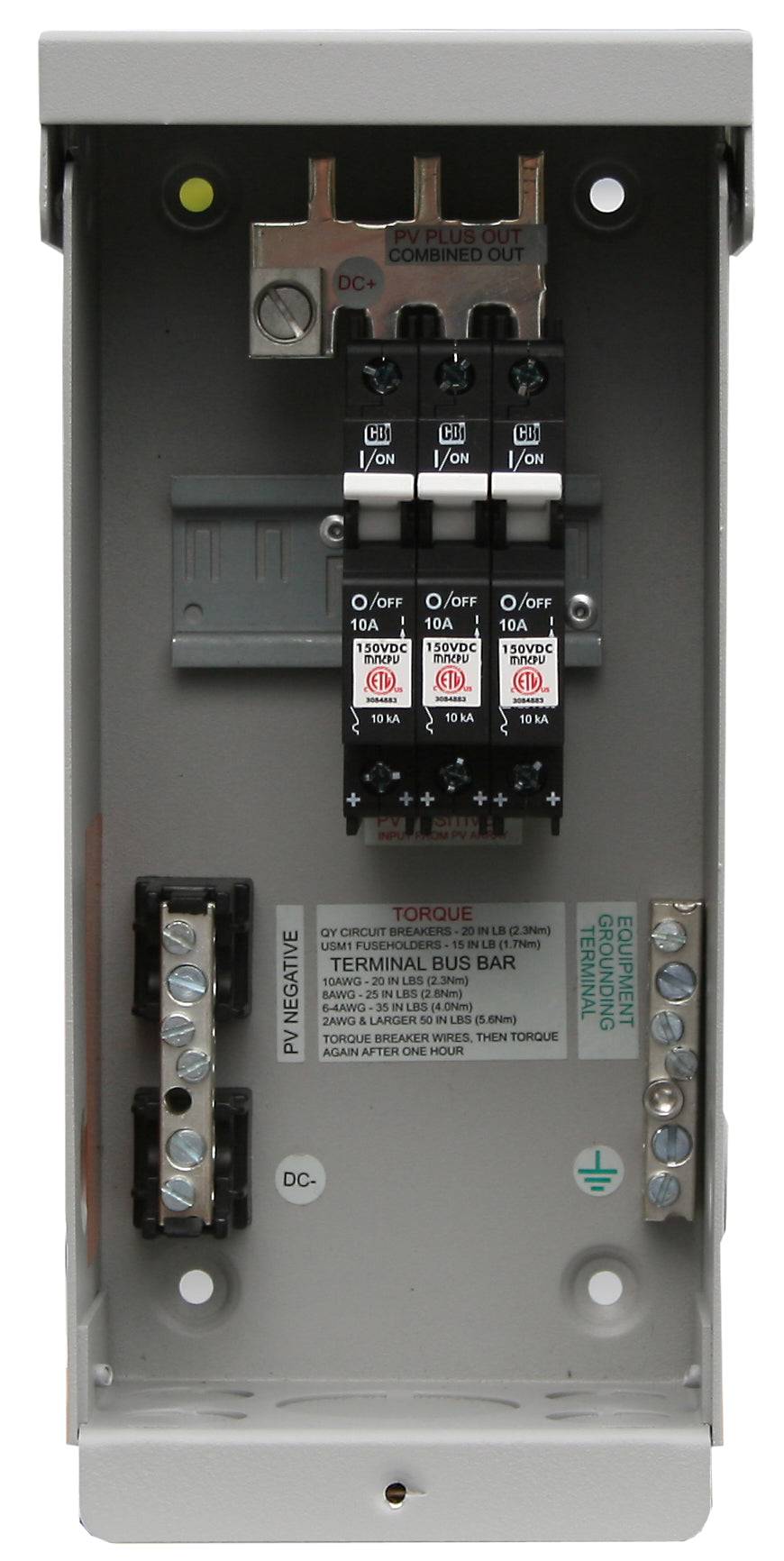 MidNite MNPV3 PV Combiner Box with breakers, 60 amp bus bar, and rainproof enclosure, ideal for 100-150 VDC systems. Available at Cabin Depot.