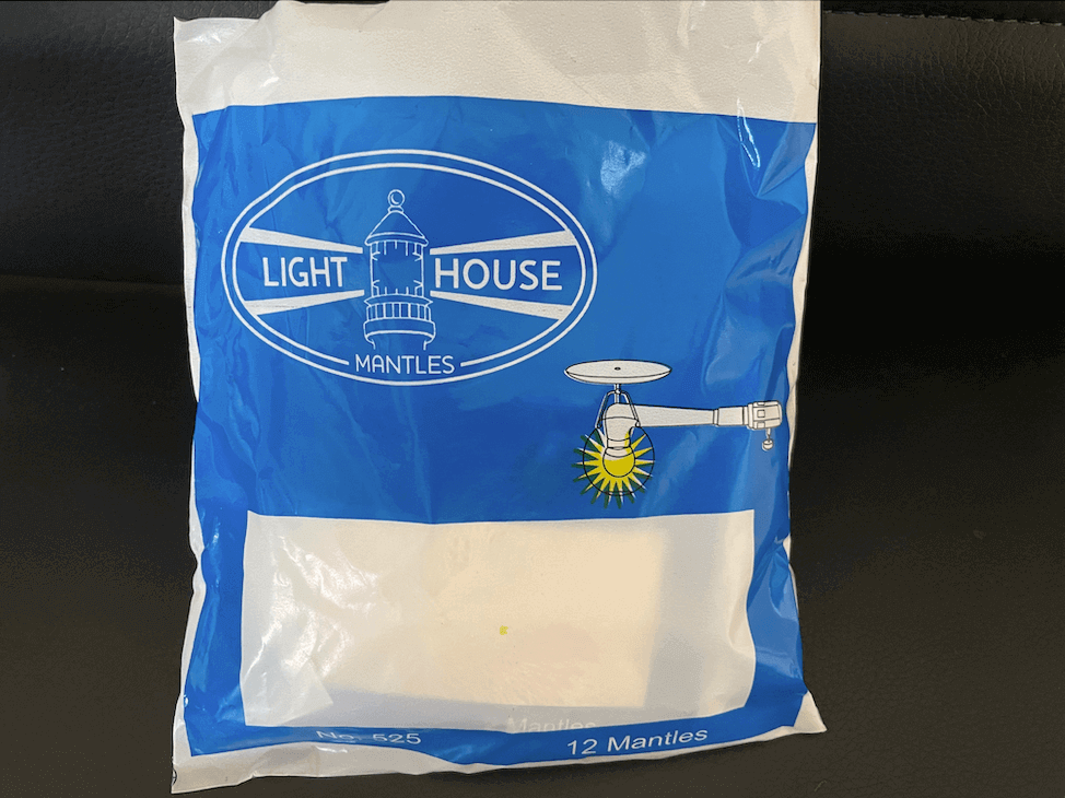Lighthouse 12 Mantles package for propane lamp with blue and white design. Perfect for camping and cabin lighting needs.