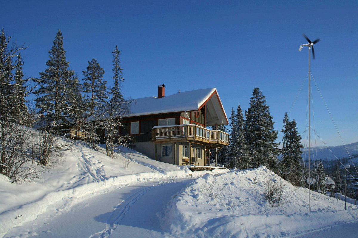 Rural cabin with Primus AIR 40 wind turbine, control panel, 27' tower kit for efficient energy. Cabin Depot offers remote energy solutions.