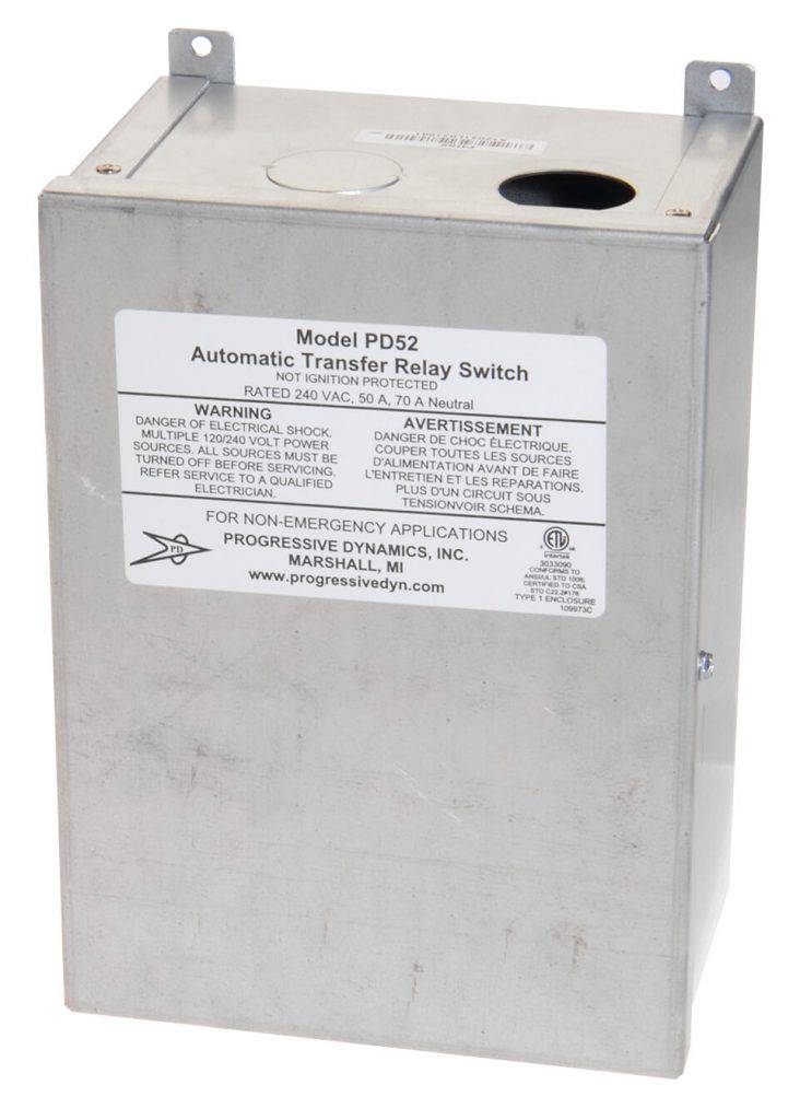 Progressive Dynamics 50A 120/240V Automatic Transfer Switch for Cabin Depot with screw-type wiring terminals.