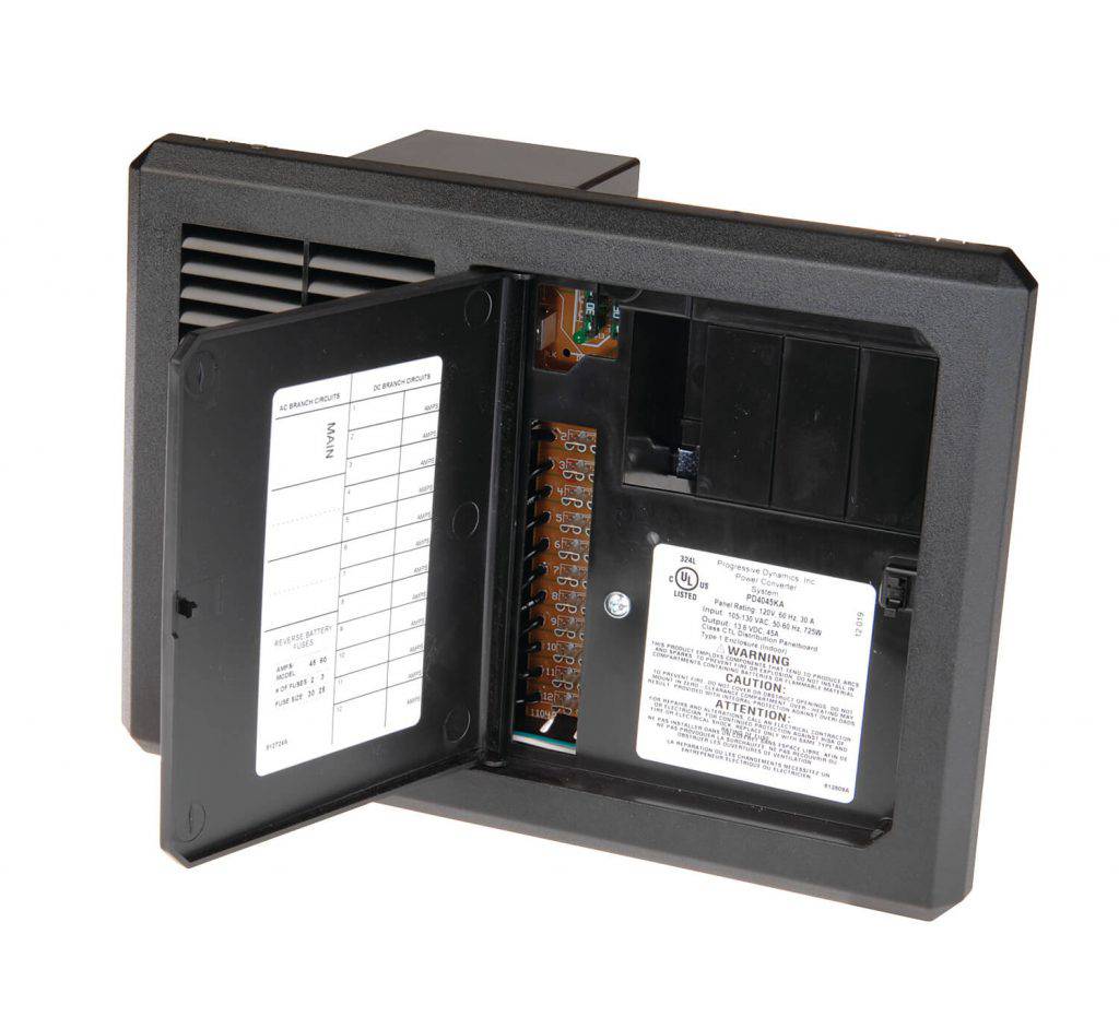 Mighty Mini AC/DC Distribution Panel with 45 Amp Charger by Cabin Depot, showing open front access for Inteli-Power Converter.