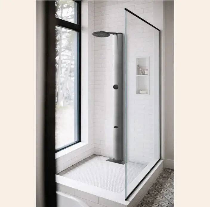 RainStick Shower in brushed nickel, energy-efficient, doubles water flow, available at Cabin Depot for eco-friendly bathroom remodels.