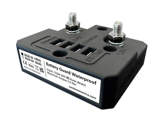Samlex 40A Battery Guard Waterproof BGW-40, available at Cabin Depot, protects against overvoltage and excessive discharge.