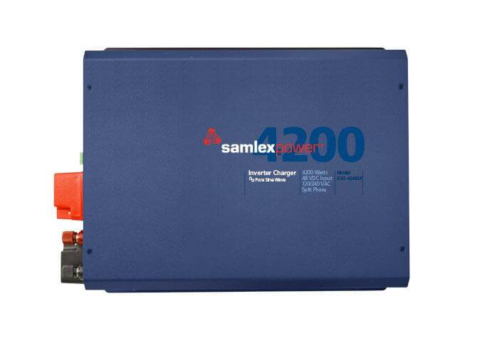 Samlex EVO 4200W sine inverter charger for Cabin Depot, 120V/240V split phase, blue unit front view, reliable AC power solution.