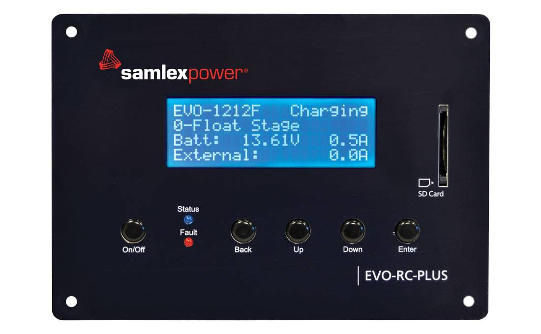 Samlex EVO-RC-PLUS Remote Control for Evolution Series Inverter/Chargers, available at Cabin Depot, shown with display and buttons.