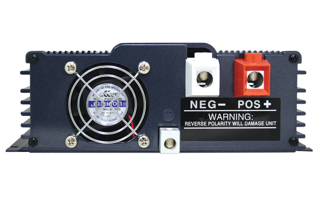 Back view of Samlex 1,000W 12V Pure Sine Wave Inverter with fan and terminal connections, available at Cabin Depot.