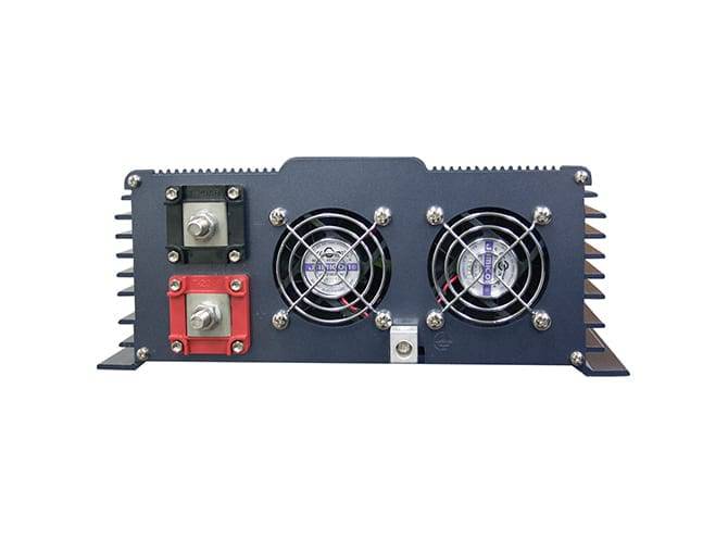 Back view of Samlex 1,500W 12V PST Pure Sine Inverter available at Cabin Depot, showcasing hardwire capability and cooling fans.