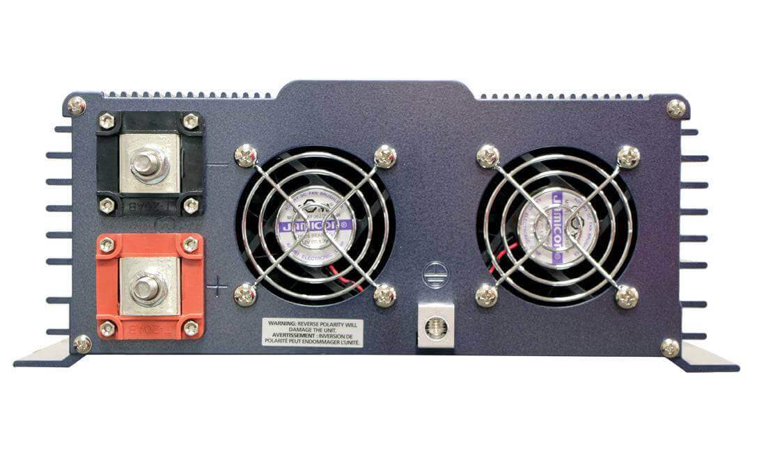 Back view of the Samlex 1,500W 24V PST Pure Sine Inverter with dual cooling fans and connection ports, available at Cabin Depot.