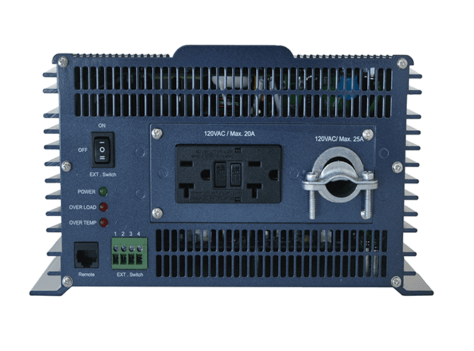 Back view of Samlex 3000W 12V PST Pure Sine Inverter, featuring dual NEMA-20R GFCI outlets, ideal for Cabin Depot applications.