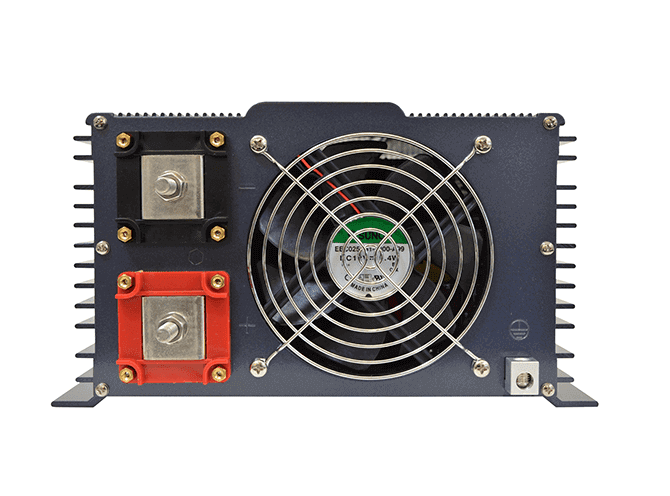 Back view of Samlex 3,000W 24V PST Pure Sine Inverter with cooling fan and connectors, available at Cabin Depot.