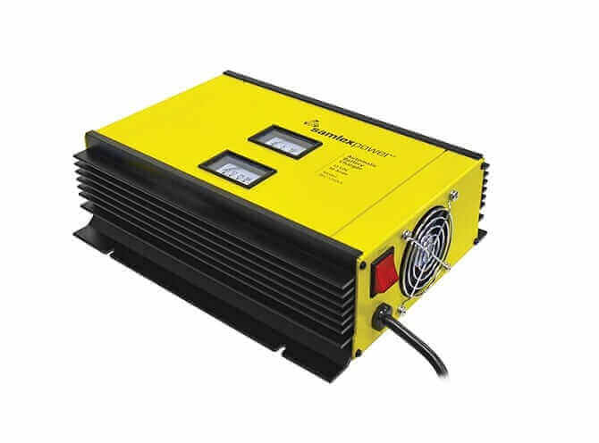 Samlex 12V 50A SEC Battery Charger for lead-acid batteries, available at Cabin Depot. Advanced automatic three-stage charging.