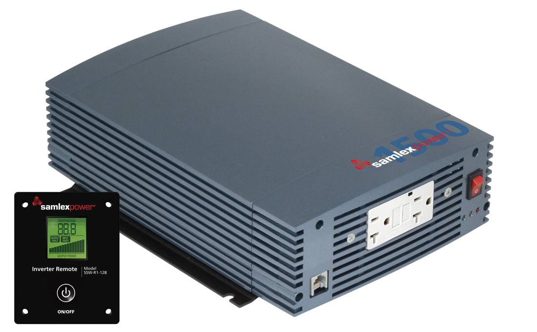 Samlex 1,500W 12A SSW pure sine wave inverter with digital remote, available at Cabin Depot. Ideal for sensitive electronics in vehicles.