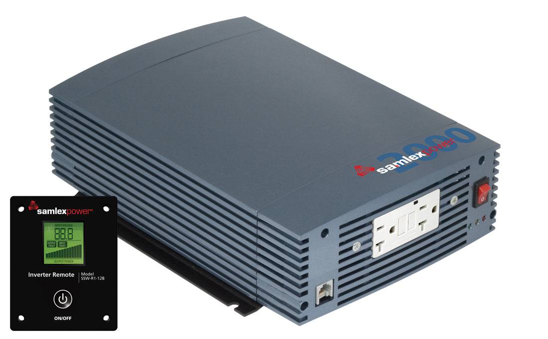 Samlex 2000W 12A Pure Sine Wave Inverter with LCD Remote available at Cabin Depot for sensitive electronics in cars and RVs.