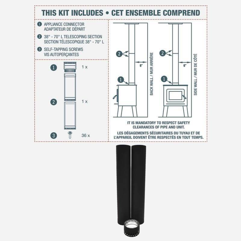 SBI 6" Double Wall Pipe Kit, includes appliance connector, telescoping section, screws. Out of stock, pre-order at Cabin Depot.