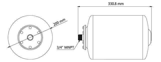 SEAFLO 8L Accumulator Tank dimensions diagram with 3/4 MNPT fitting, 200 mm diameter, and 330.8 mm length for marine and RV use.